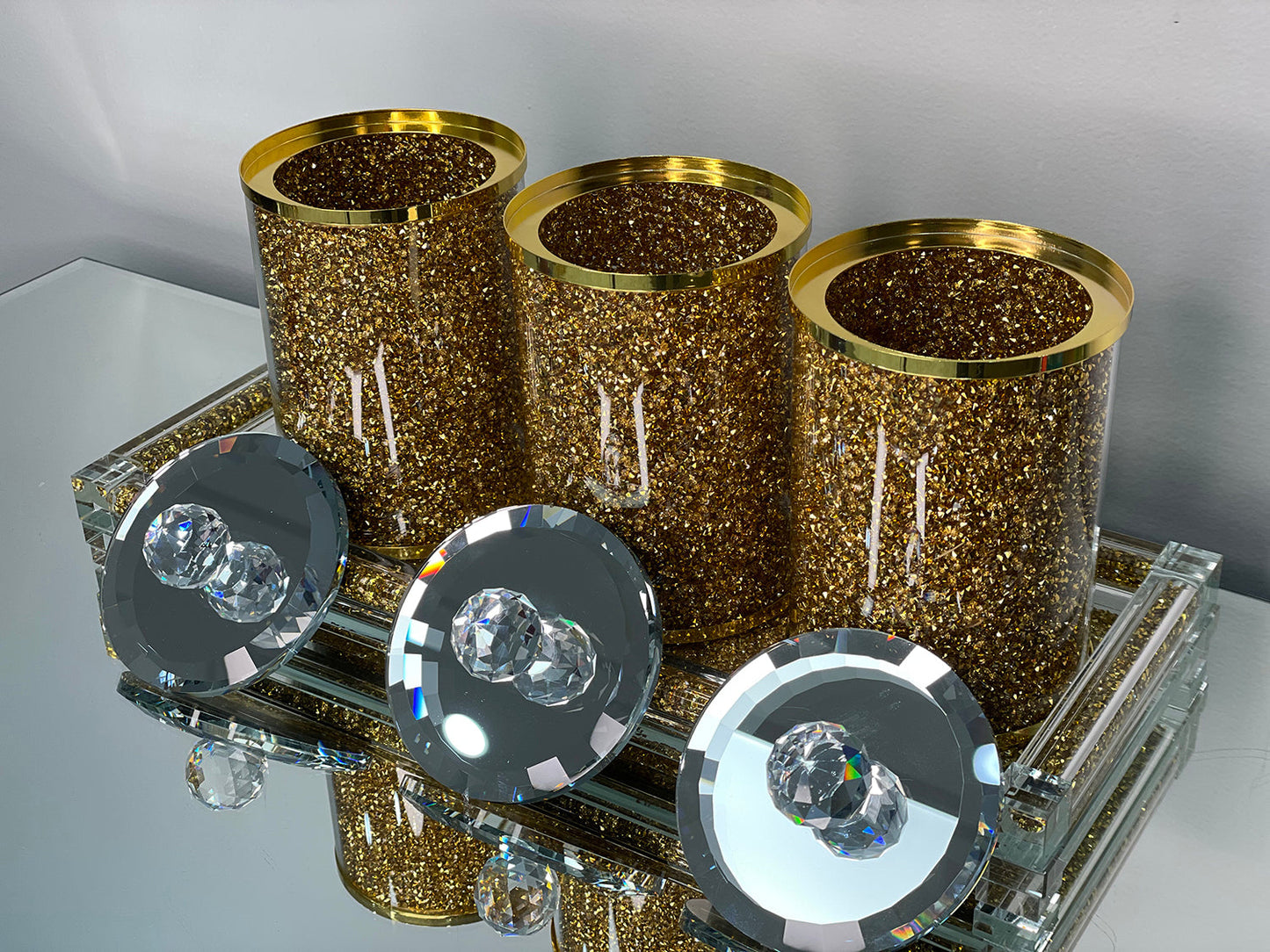 Three Glass Canister Set on a Tray, Gold Crushed Diamond Glass