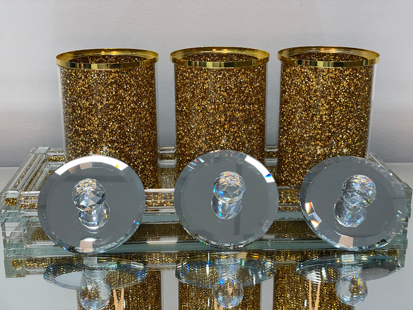 Three Glass Canister Set on a Tray, Gold Crushed Diamond Glass
