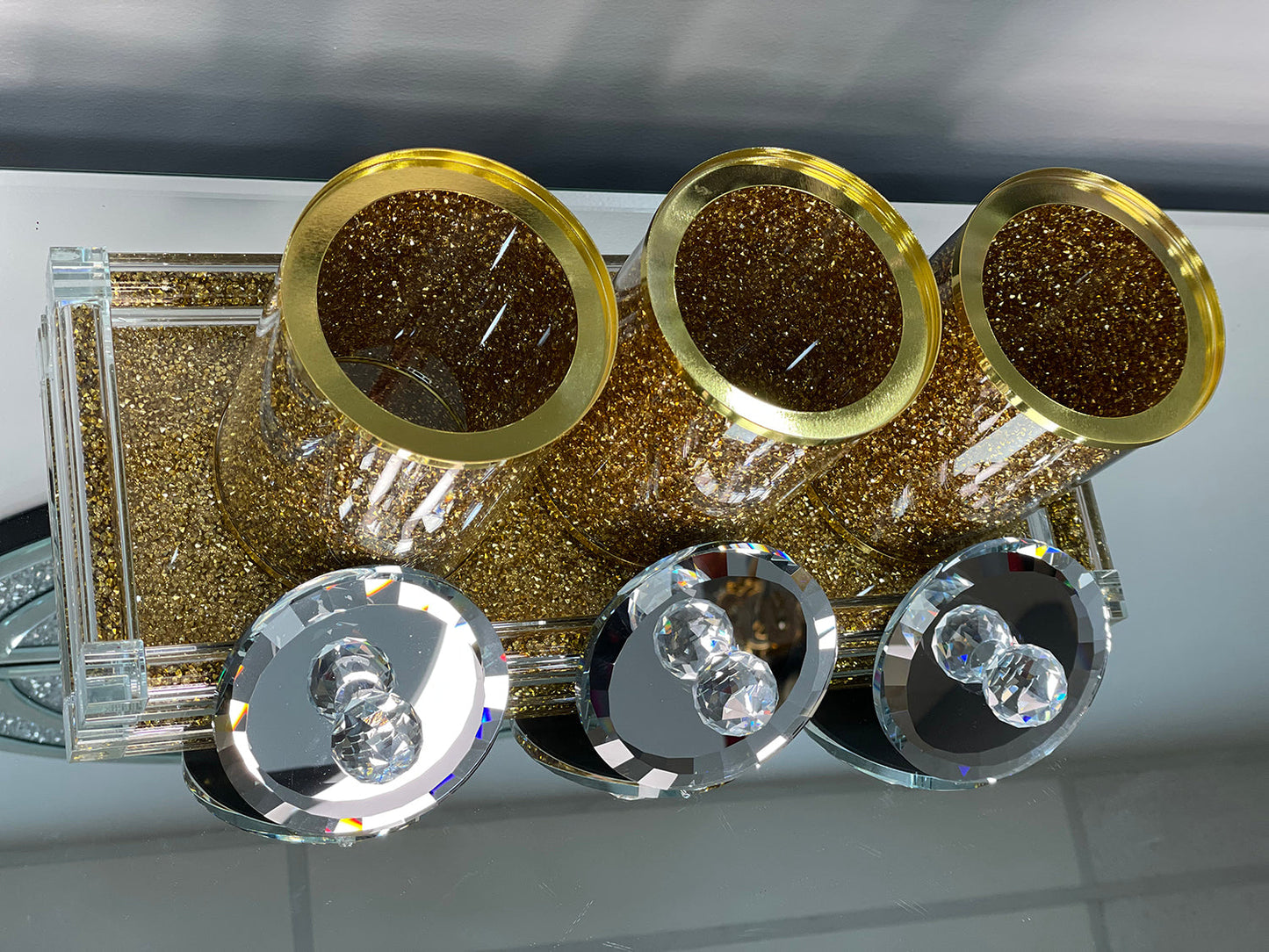 Three Glass Canister Set on a Tray, Gold Crushed Diamond Glass