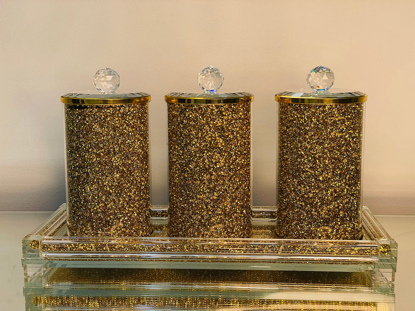 Three Glass Canister Set on a Tray, Gold Crushed Diamond Glass