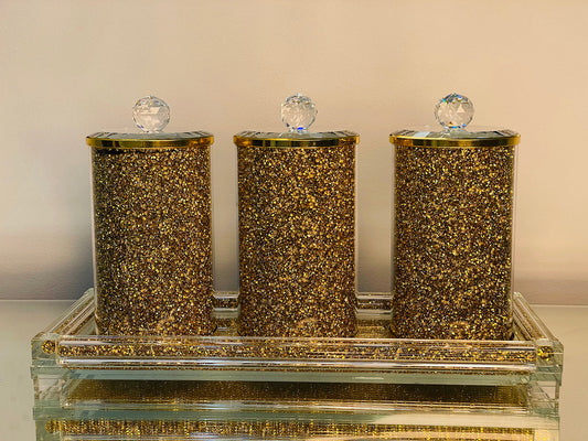 Three Glass Canister Set on a Tray, Gold Crushed Diamond Glass