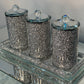 Three Glass Canister Set on a Tray, Silver Crushed Diamond Glass
