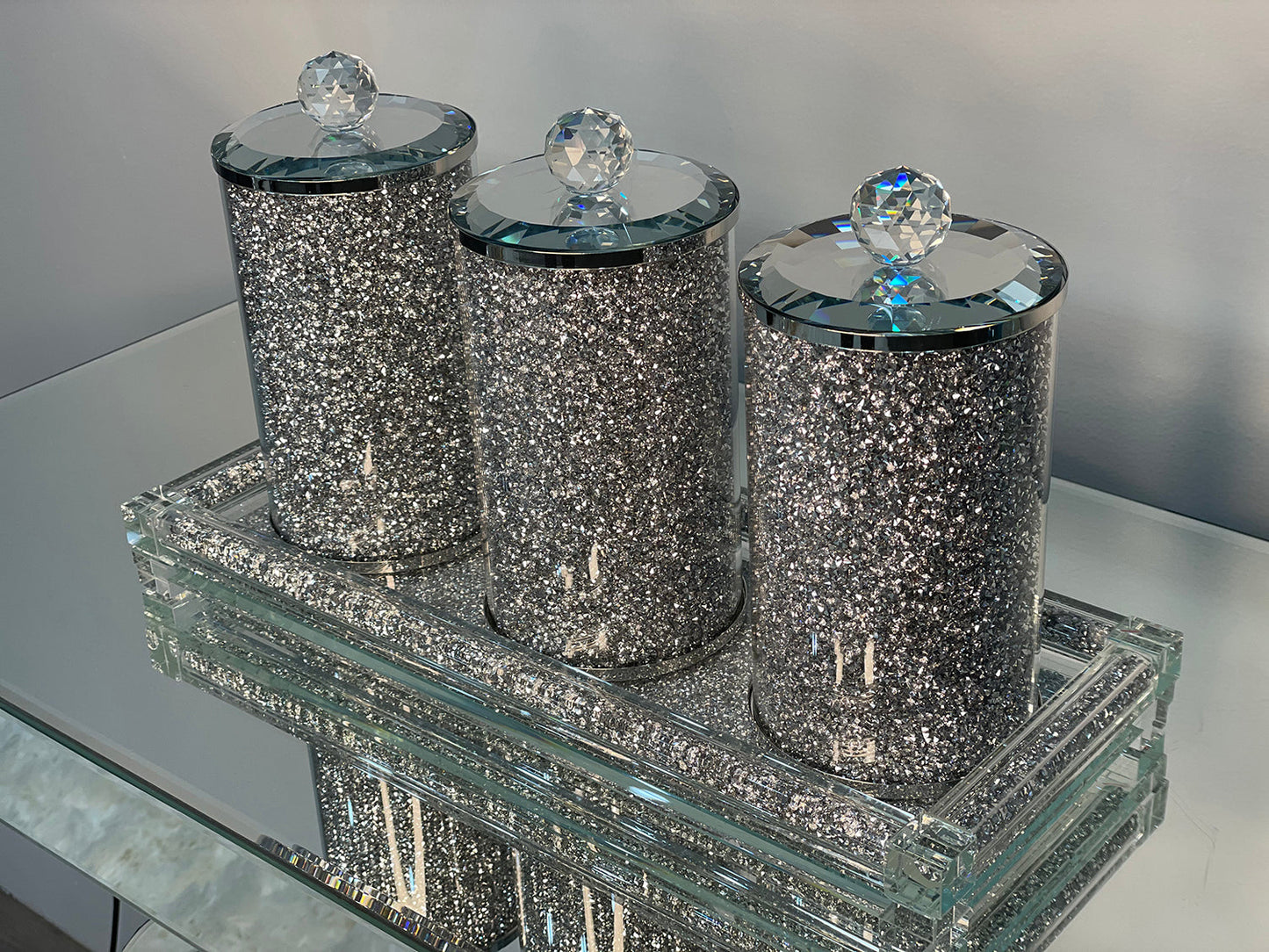 Three Glass Canister Set on a Tray, Silver Crushed Diamond Glass