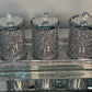 Three Glass Canister Set on a Tray, Silver Crushed Diamond Glass