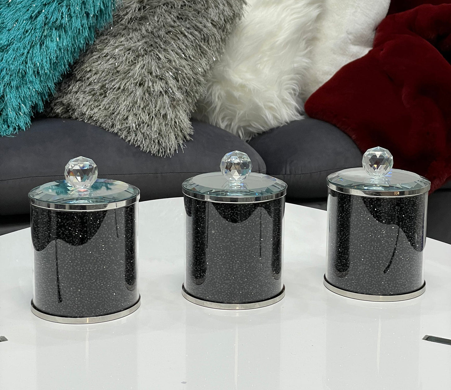 Exquisite Three Glass Canister Set, Black Crushed Diamond Glass