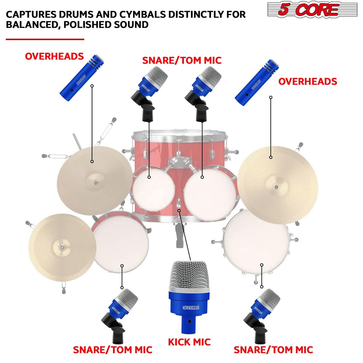 5Core Drum Mic Kit 7 Pcs Kick BassTom Snare Dynamic Microphone