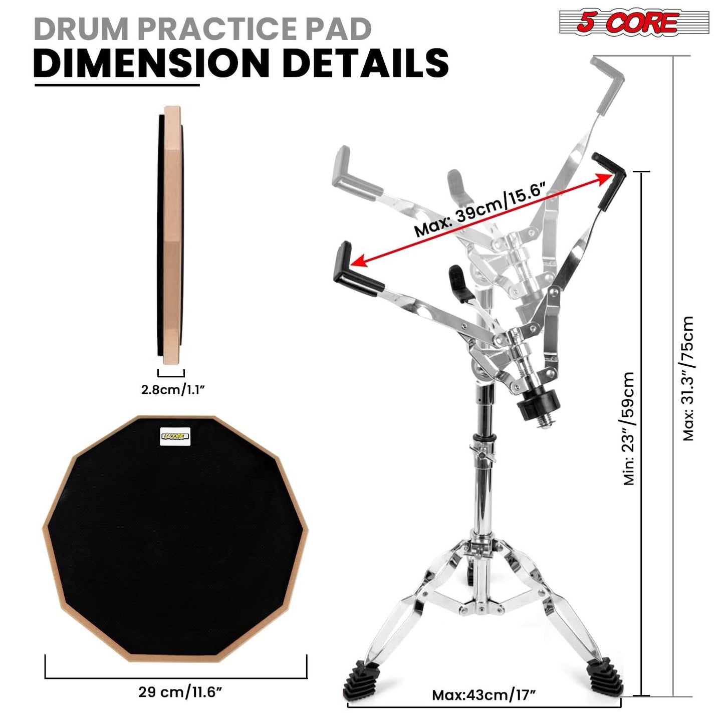 5 Core Drum Practice Pad Set 12" Adjustable Snare Drumming Stand