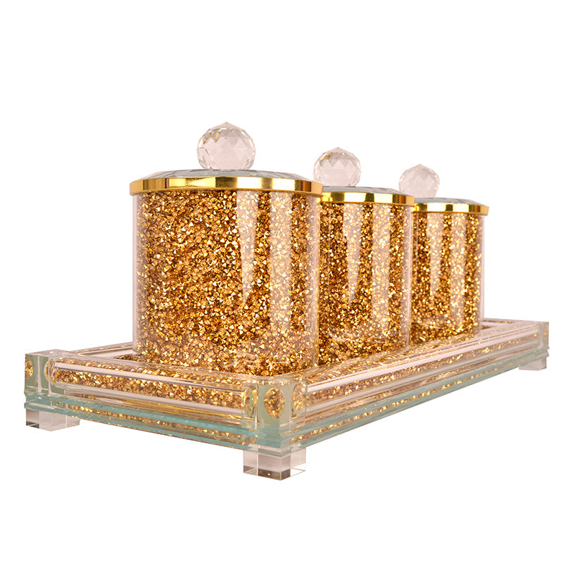 Three Glass Canister Set on a Tray, Gold Crushed Diamond Glass