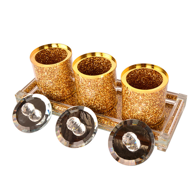 Three Glass Canister Set on a Tray, Gold Crushed Diamond Glass