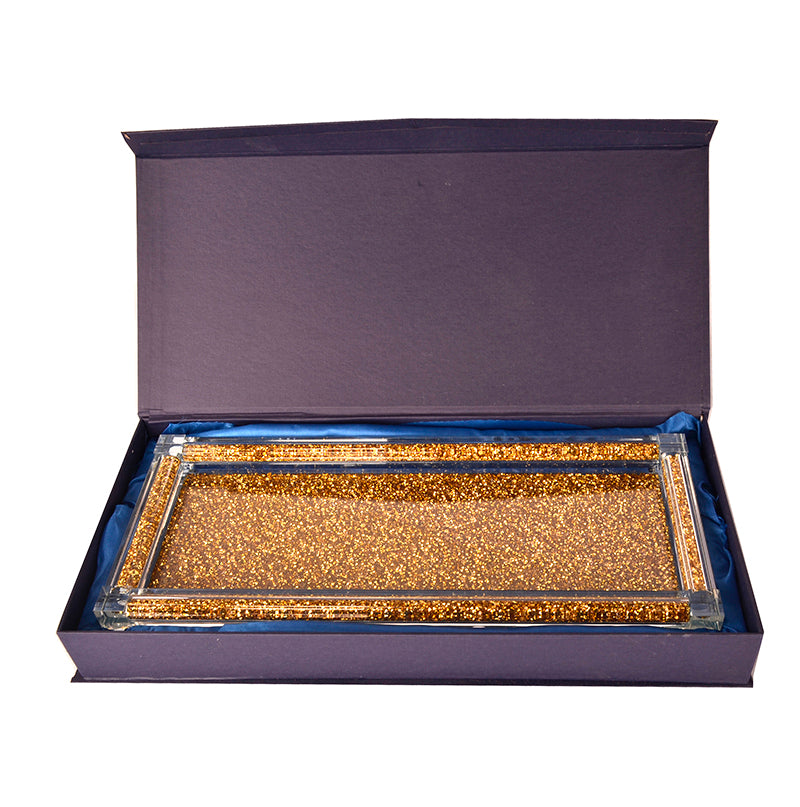 Three Glass Canister Set on a Tray, Gold Crushed Diamond Glass