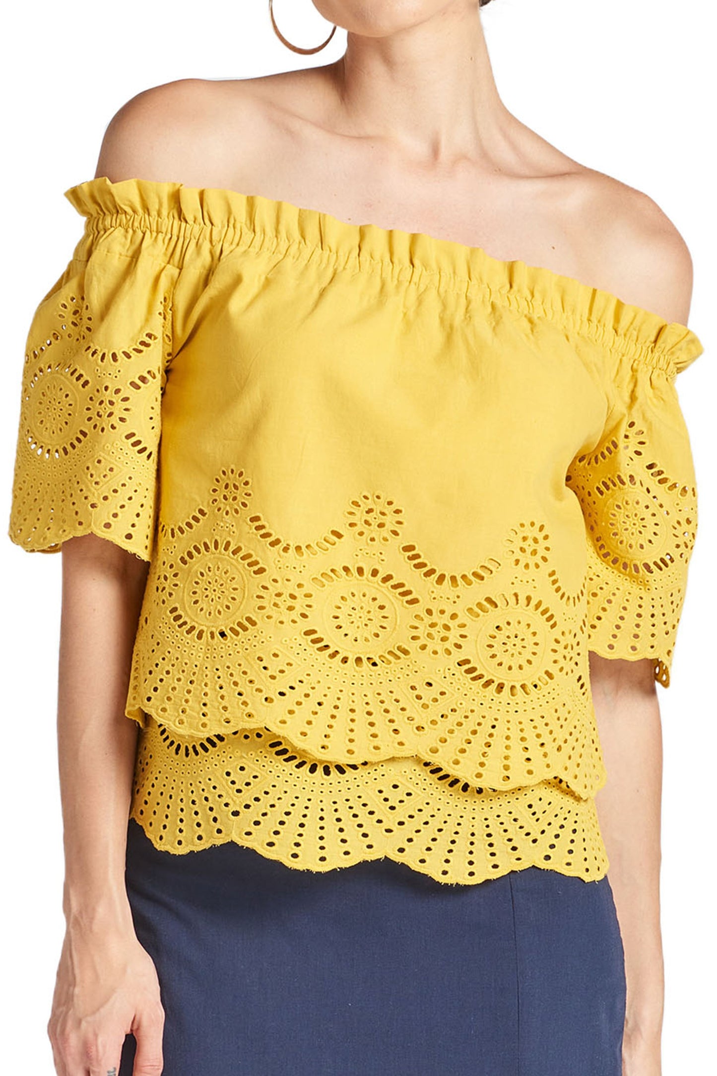 Marigold Daisy Top - Double layer off the shoulder cotton eyelet top