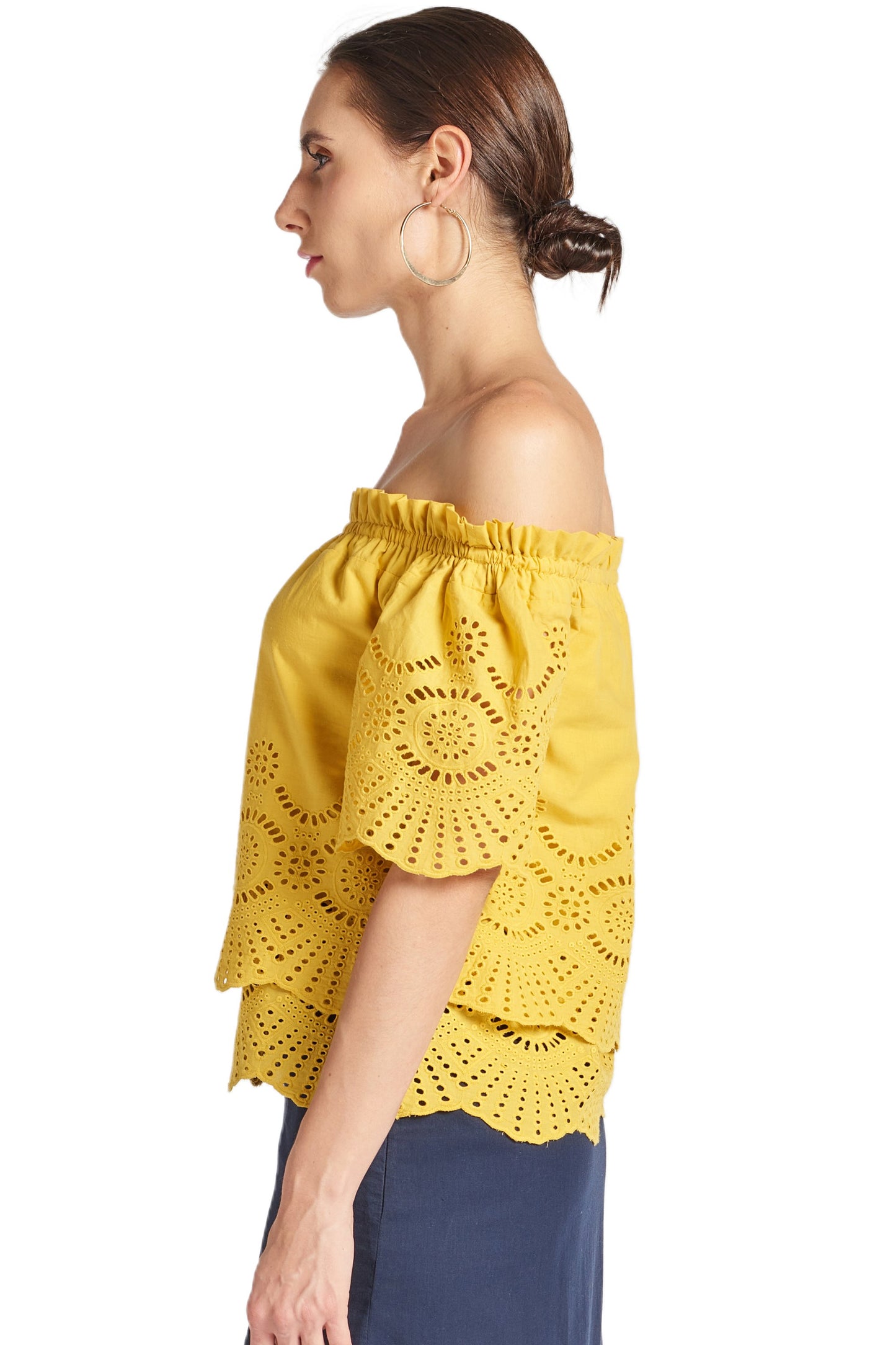 Marigold Daisy Top - Double layer off the shoulder cotton eyelet top