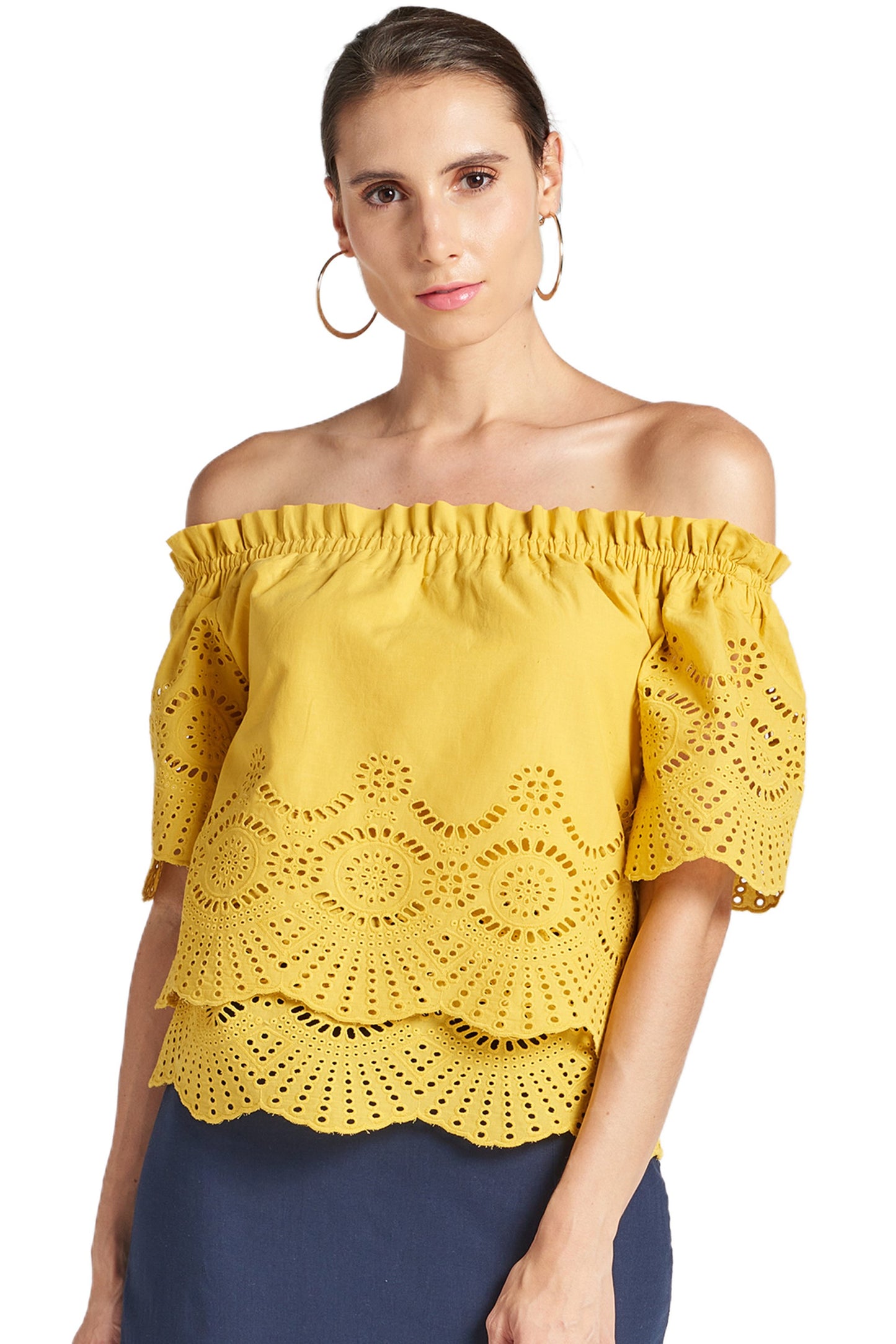 Marigold Daisy Top - Double layer off the shoulder cotton eyelet top