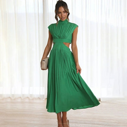 Pleated High Waist Hollow Out Dress with Half High Collar