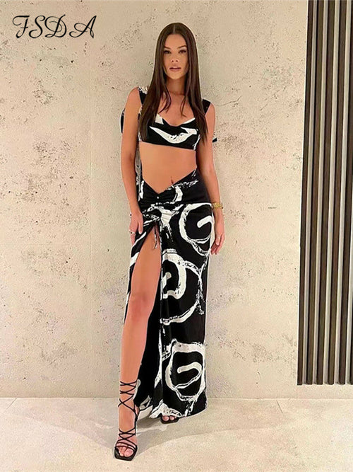 Print Two Piece Set Beach Crop Top Bandage And Maxi Skirts Sets
