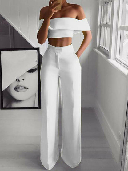 Off Shoulder Crop Tops And Pocket High Waist Trousers