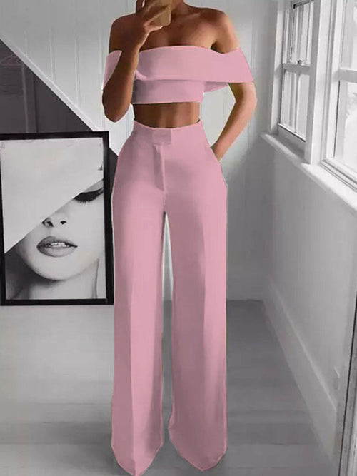 Off Shoulder Crop Tops And Pocket High Waist Trousers