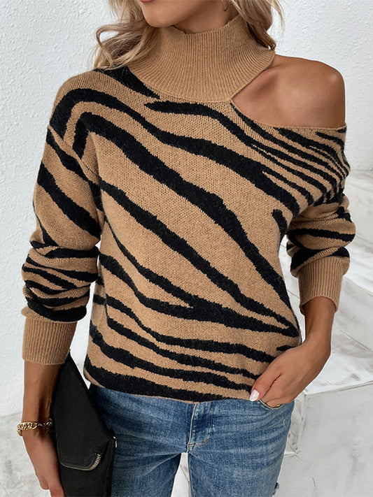 Zebra Pattern Print Cold Shoulder Knitted Turleneck Sweater - Walbiz.com