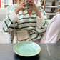 Green White Striped Oversize Sweater Knit Loose Pullover