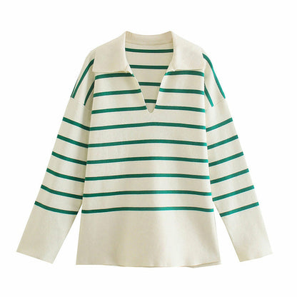 Green White Striped Oversize Sweater Knit Loose Pullover