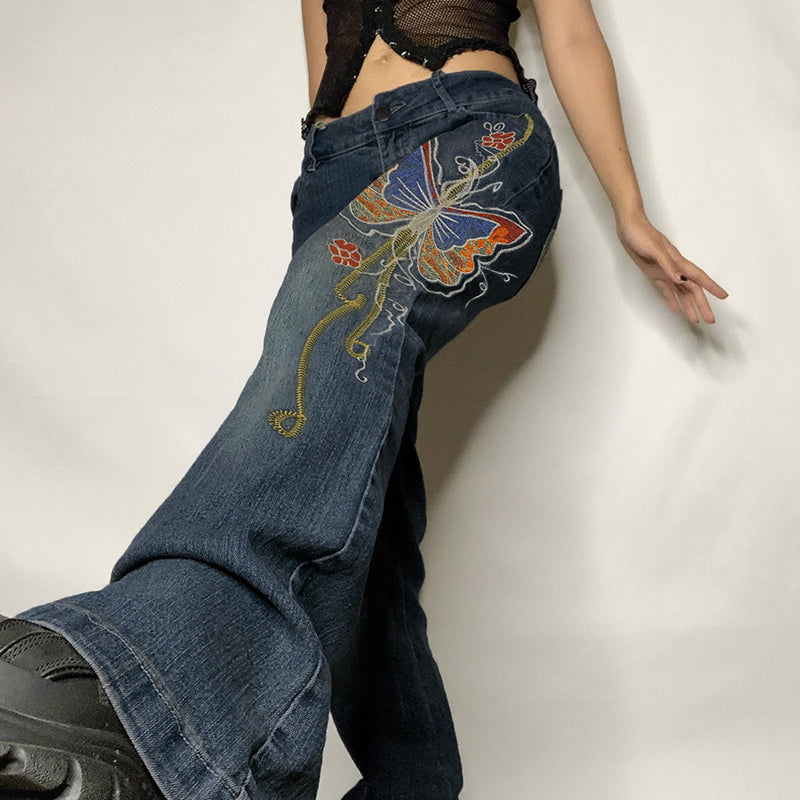 Retro Butterfly Print Y2K Denim Jeans Low Waisted Vintage Cargo