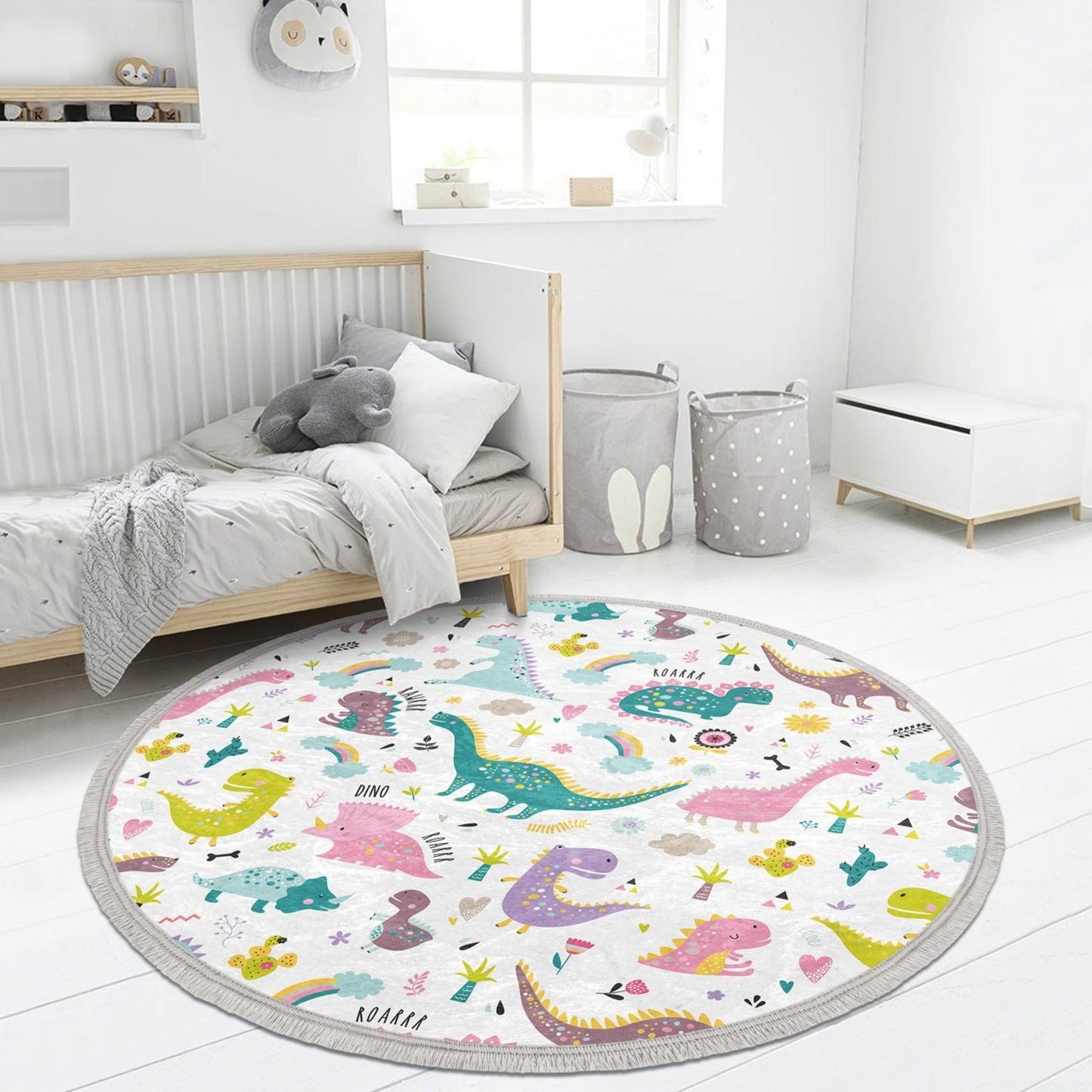 Dinosaur Kids Room Round Rug, Dinosaur Nursery Room Circle Carpet,