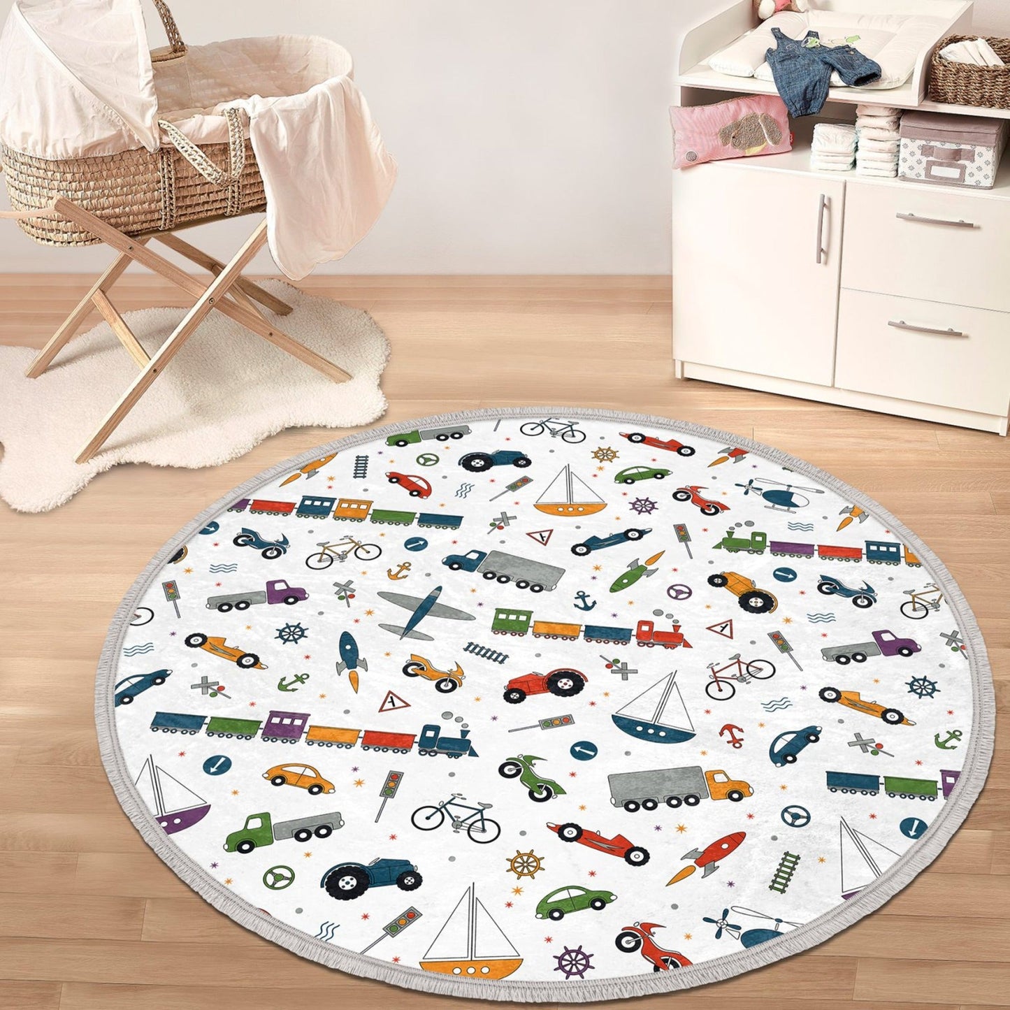Plane-Car-Train Printed Kids Room Round Rug, Nursery Room Area Carpet,