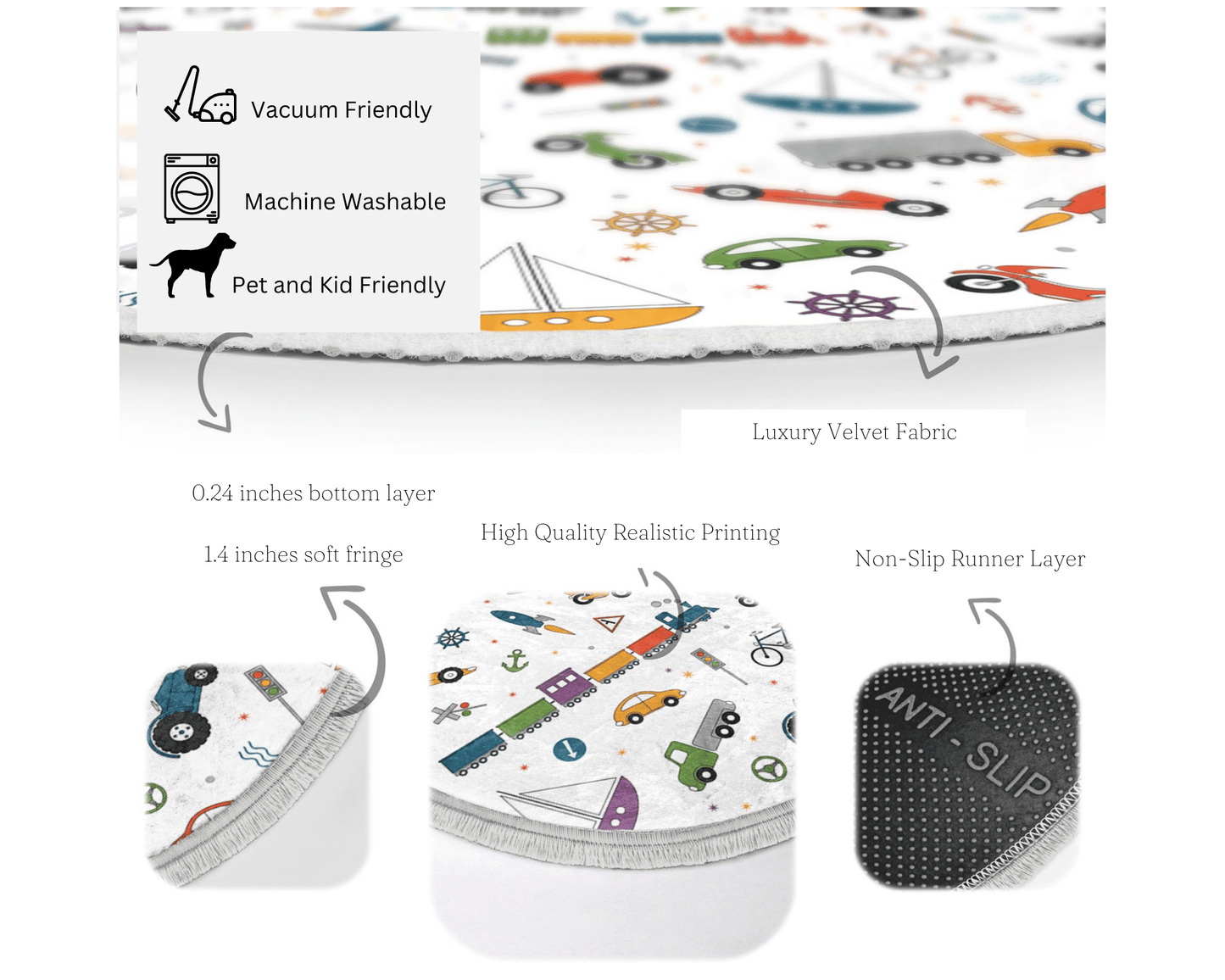 Plane-Car-Train Printed Kids Room Round Rug, Nursery Room Area Carpet,