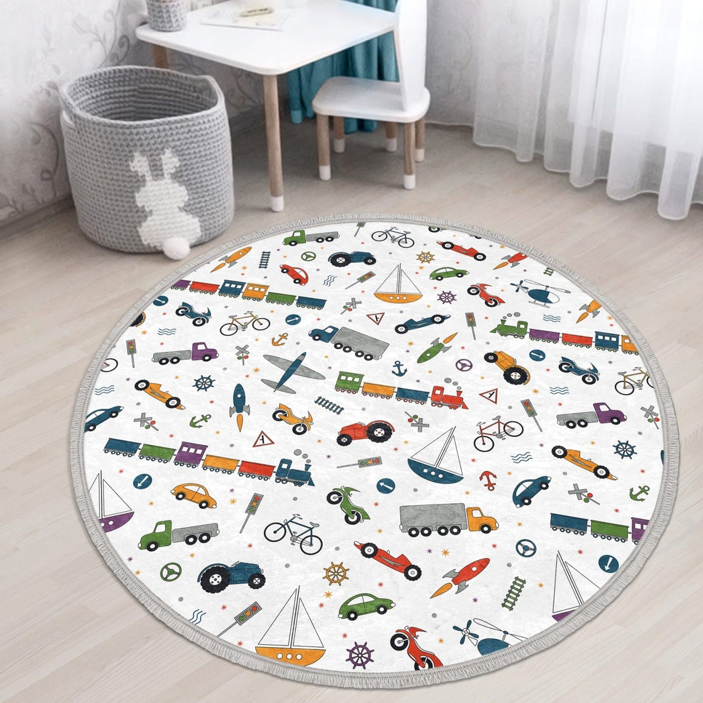 Plane-Car-Train Printed Kids Room Round Rug, Nursery Room Area Carpet,