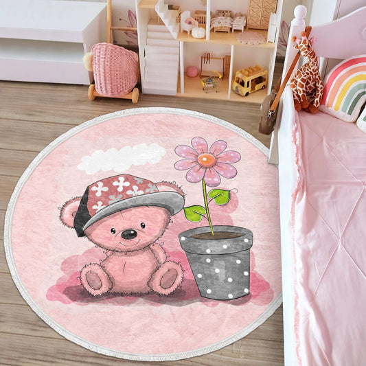 Teddy Bear Round Rug, Kids Room Decorative Area Carpet, Nursery Room