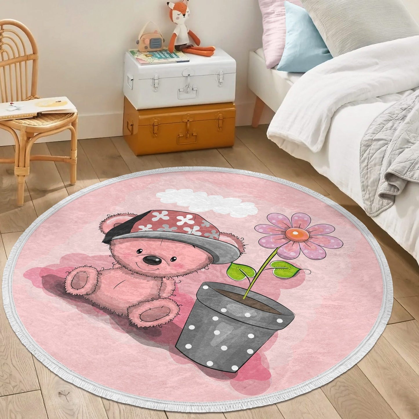 Teddy Bear Round Rug, Kids Room Decorative Area Carpet, Nursery Room