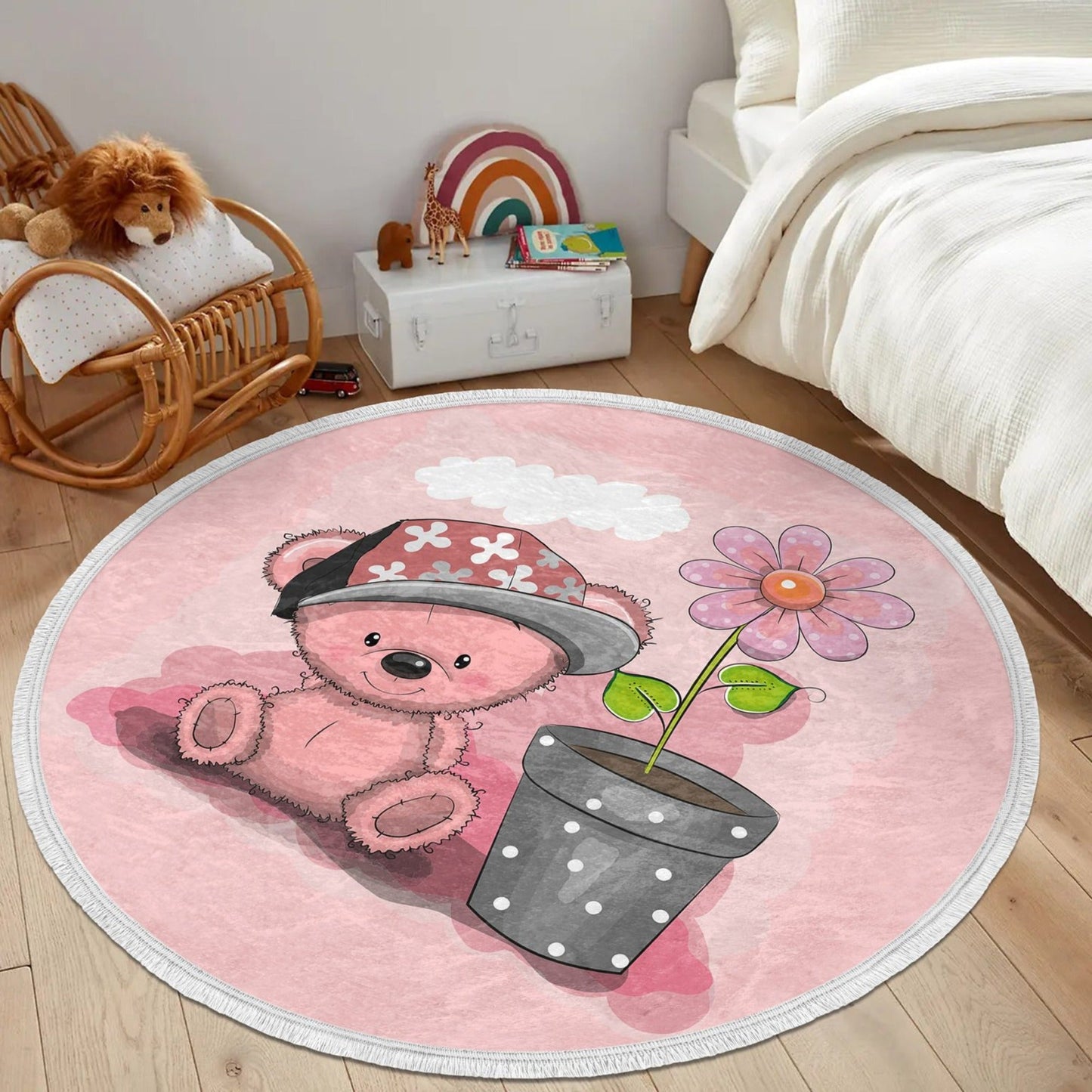 Teddy Bear Round Rug, Kids Room Decorative Area Carpet, Nursery Room