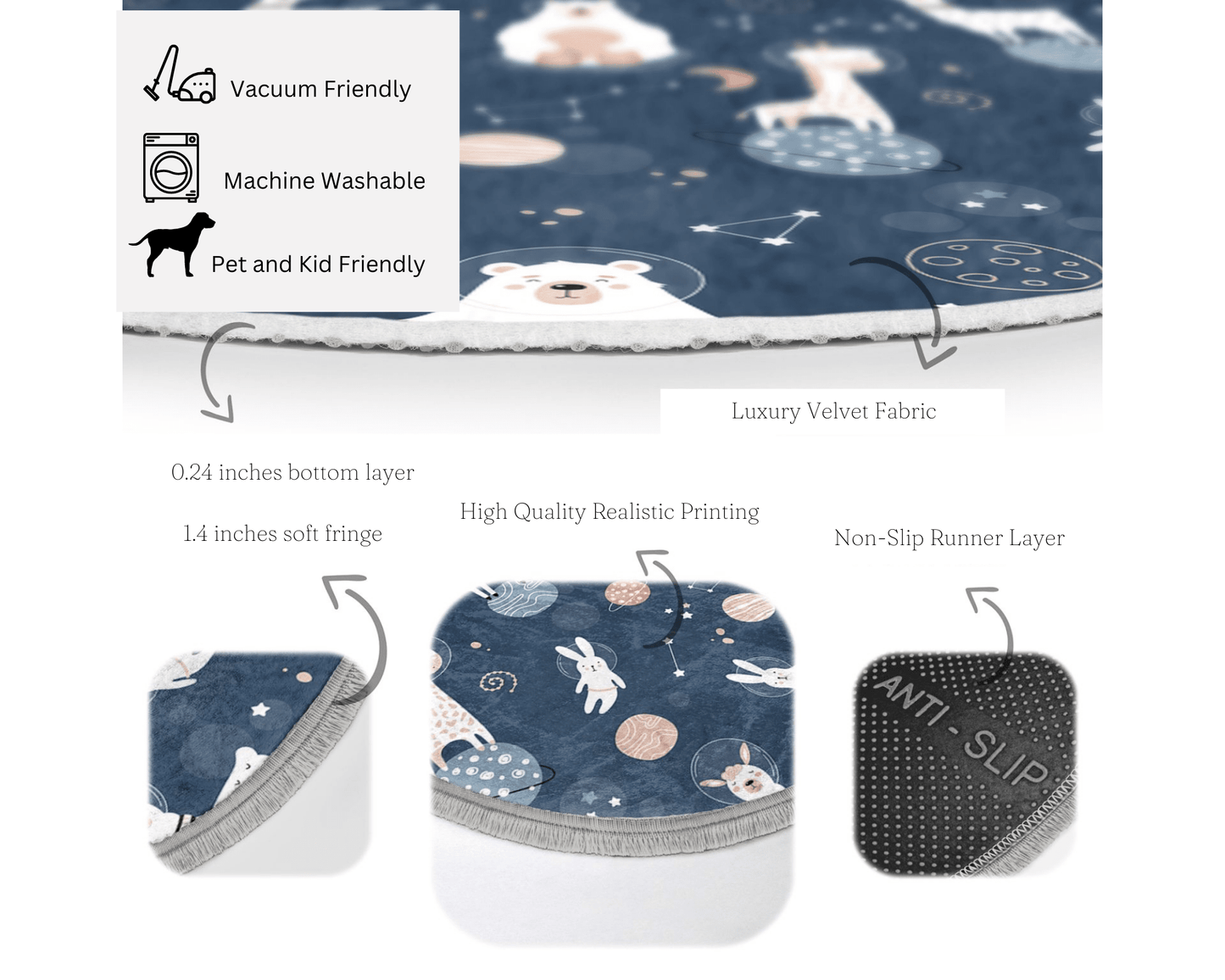 Animal Printed Area Carpet, Space Planet Circle Rug, Nursery Room