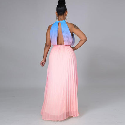 Sleeveless Ombre Color Pleated Ruched Maxi Dress Summer Elegant Sweet