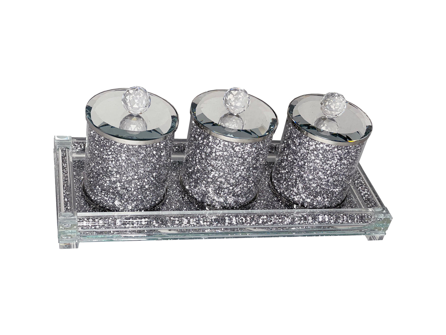 Three Glass Canister Set on a Tray, Silver Crushed Diamond Glass