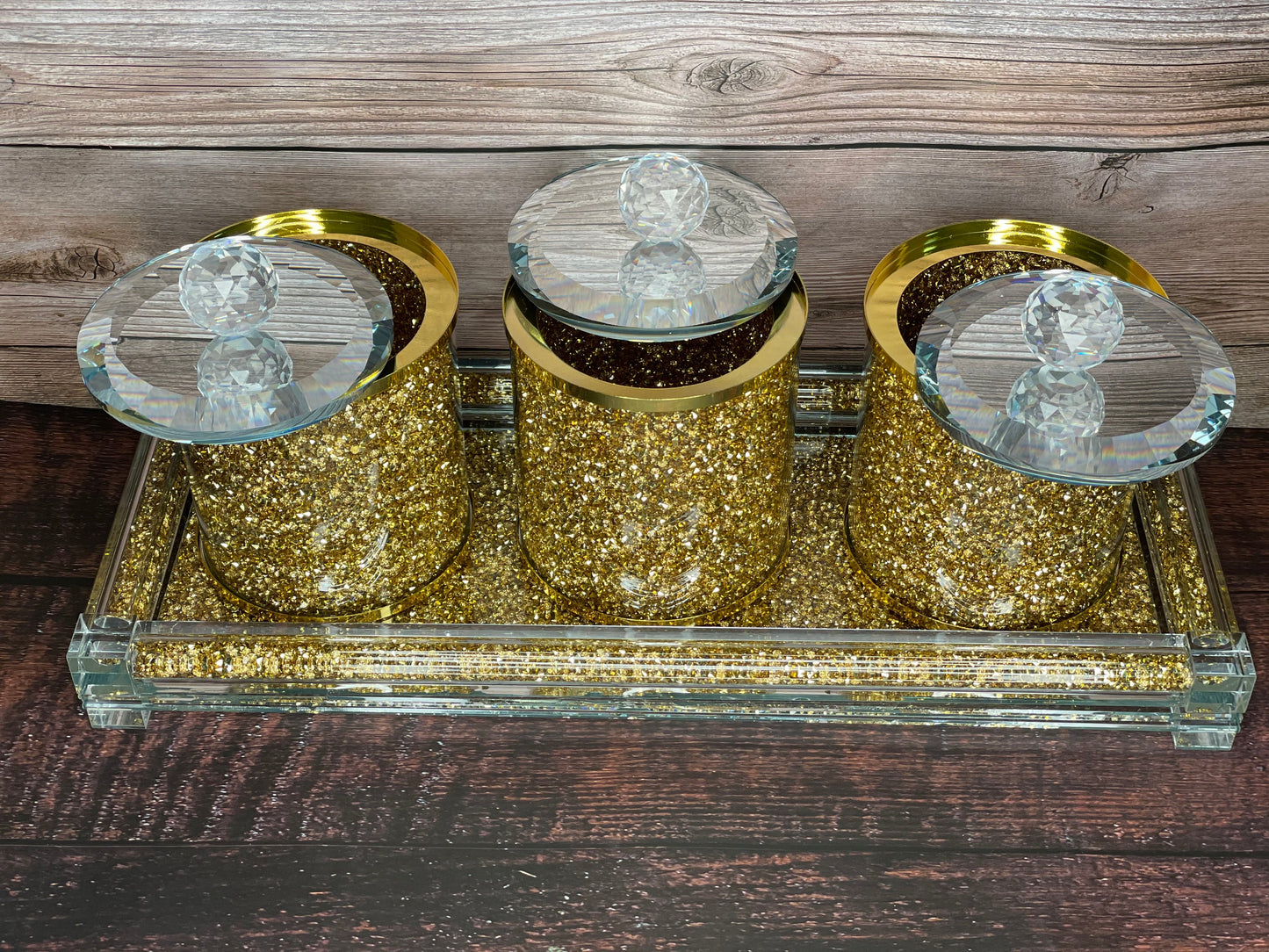 Three Glass Canister Set on a Tray, Gold Crushed Diamond Glass