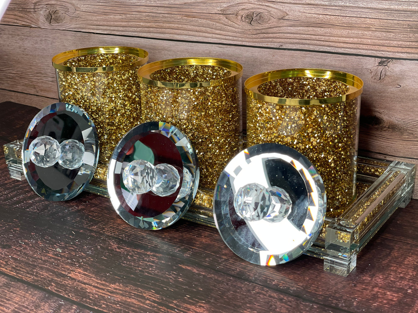 Three Glass Canister Set on a Tray, Gold Crushed Diamond Glass
