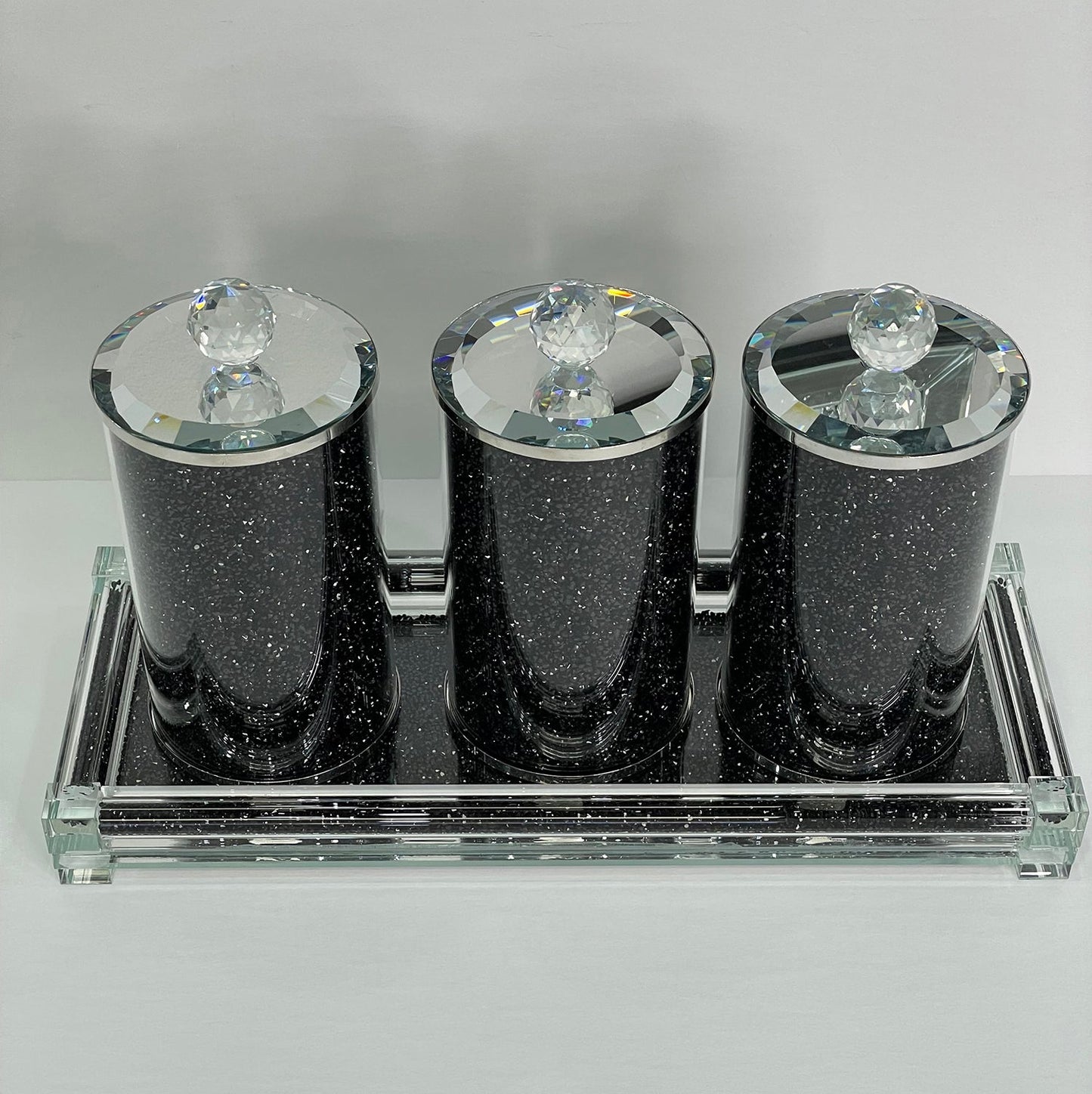 Three Glass Canister Set on a Tray, Black Crushed Diamond Glass