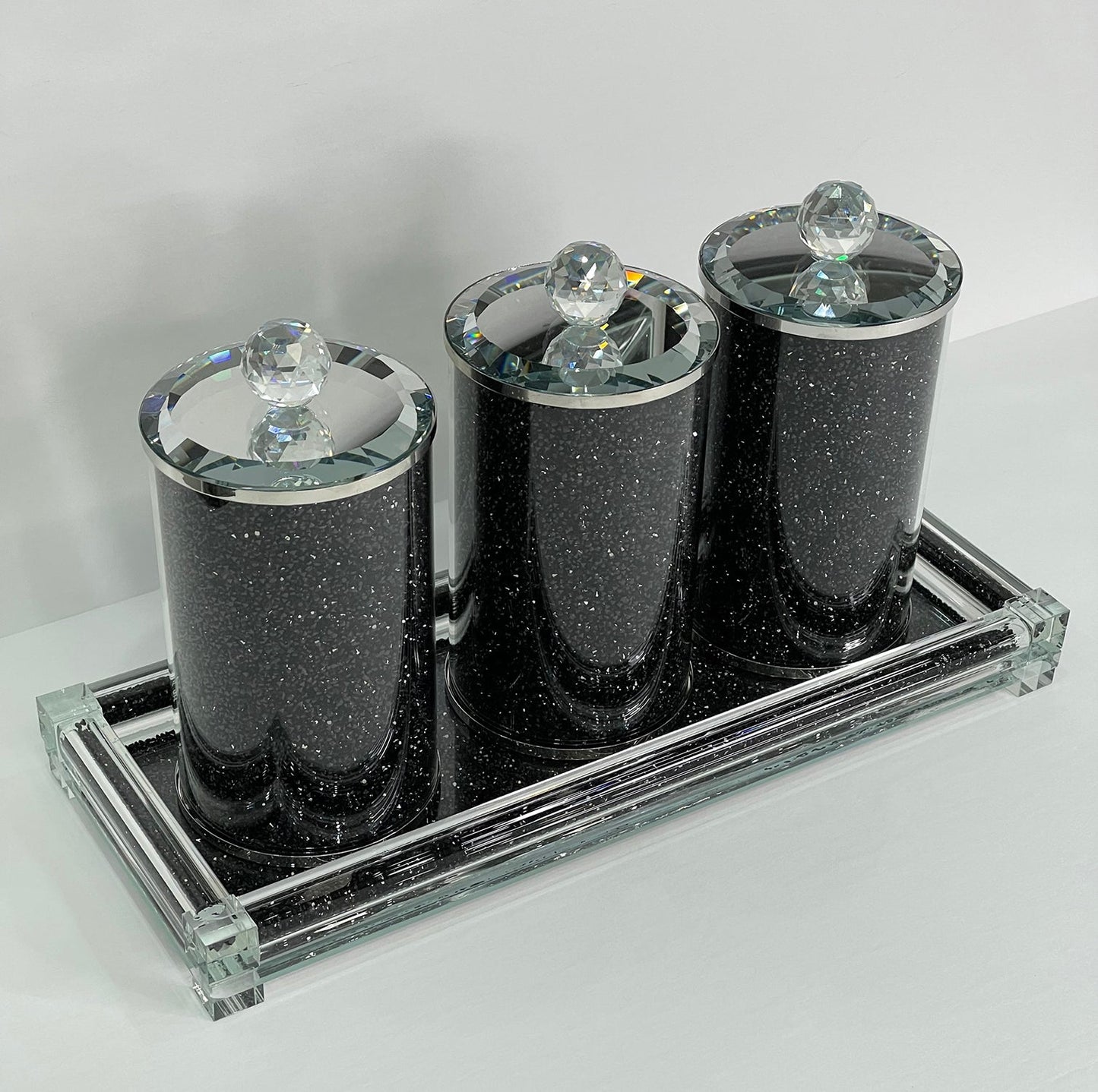Three Glass Canister Set on a Tray, Black Crushed Diamond Glass