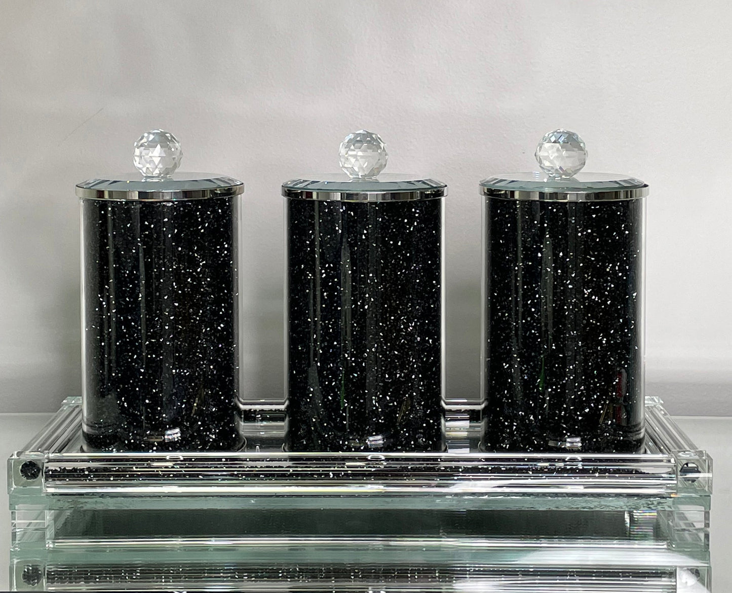 Three Glass Canister Set on a Tray, Black Crushed Diamond Glass
