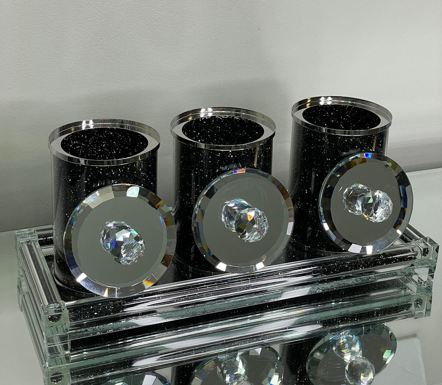 Three Glass Canister Set on a Tray, Black Crushed Diamond Glass
