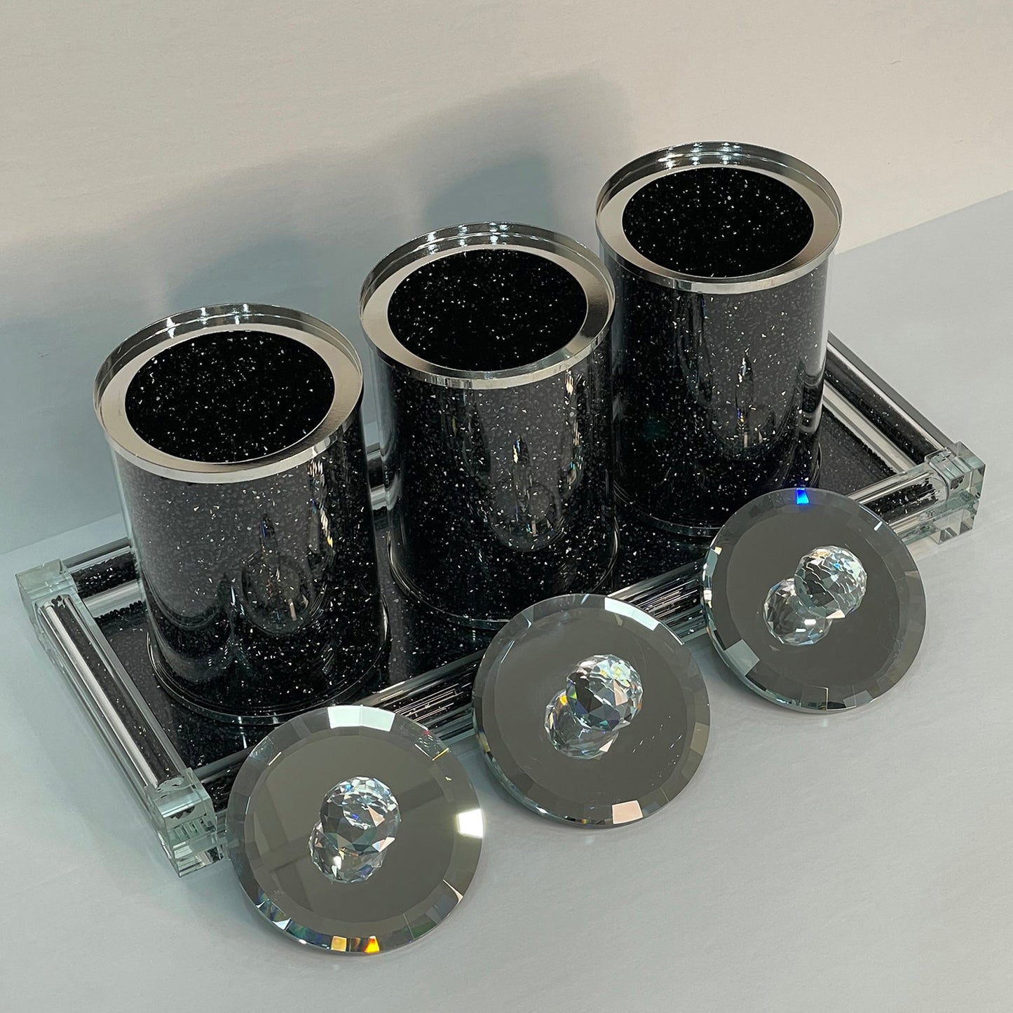 Three Glass Canister Set on a Tray, Black Crushed Diamond Glass