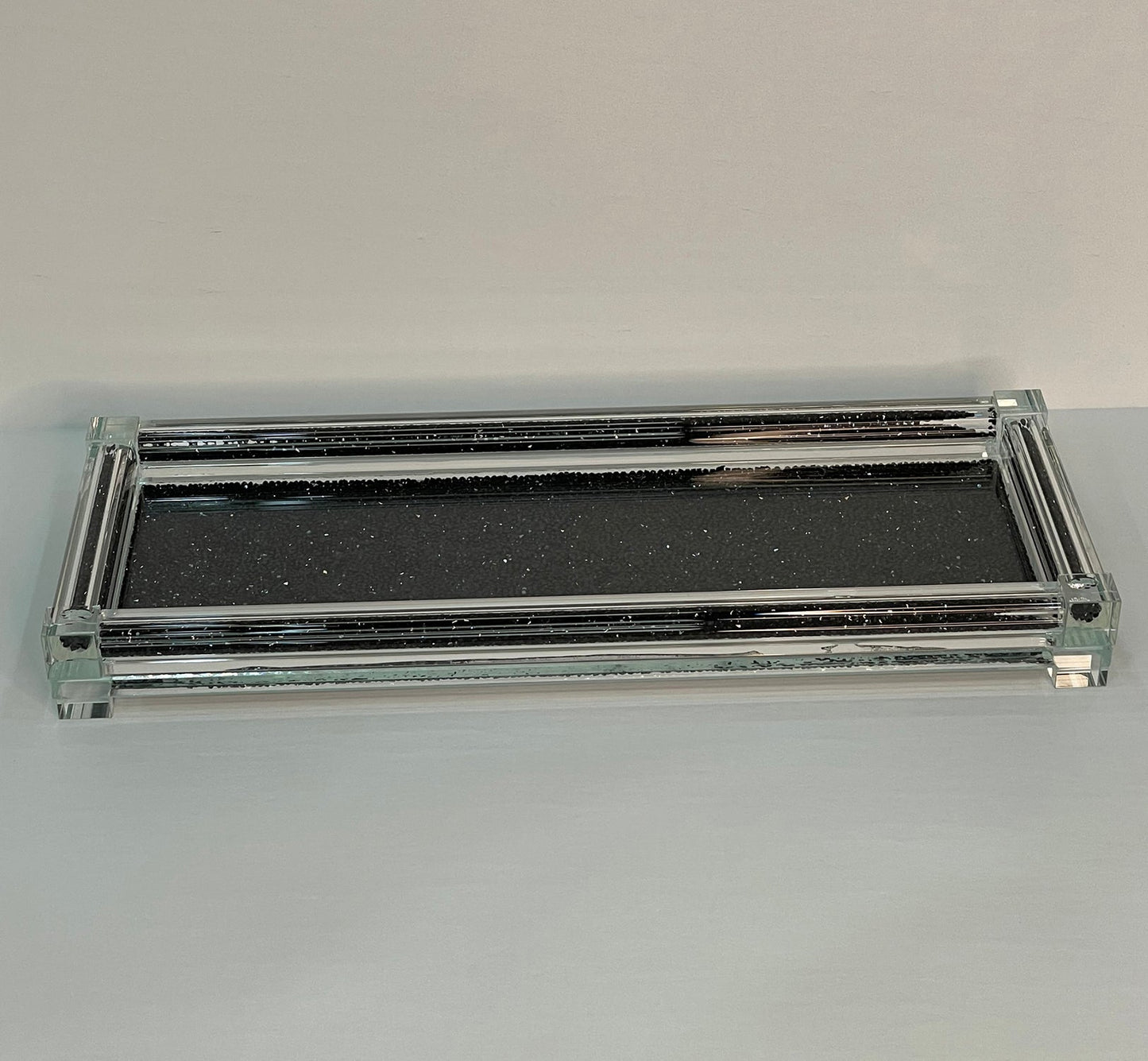 Three Glass Canister Set on a Tray, Black Crushed Diamond Glass