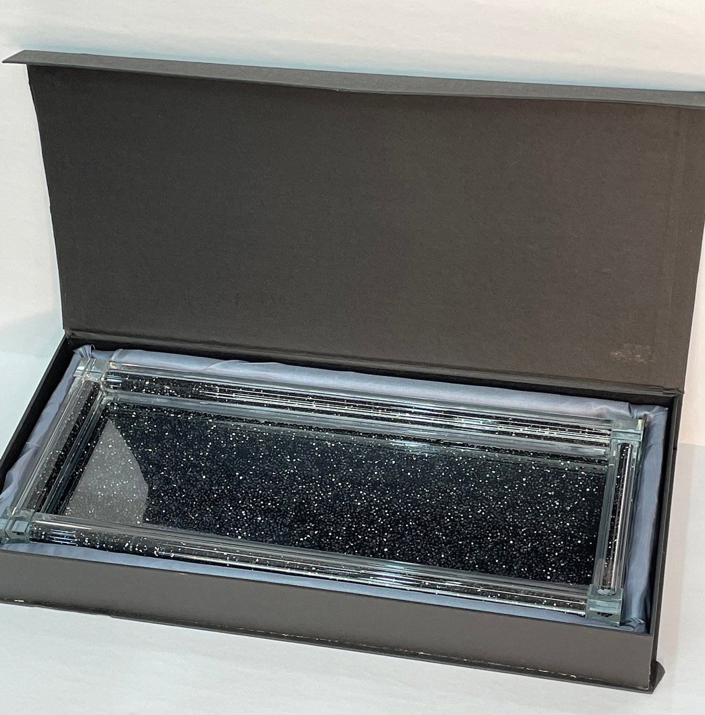 Three Glass Canister Set on a Tray, Black Crushed Diamond Glass