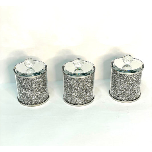 Exquisite Three Glass Canister Set, Silver Crushed Diamond Glass