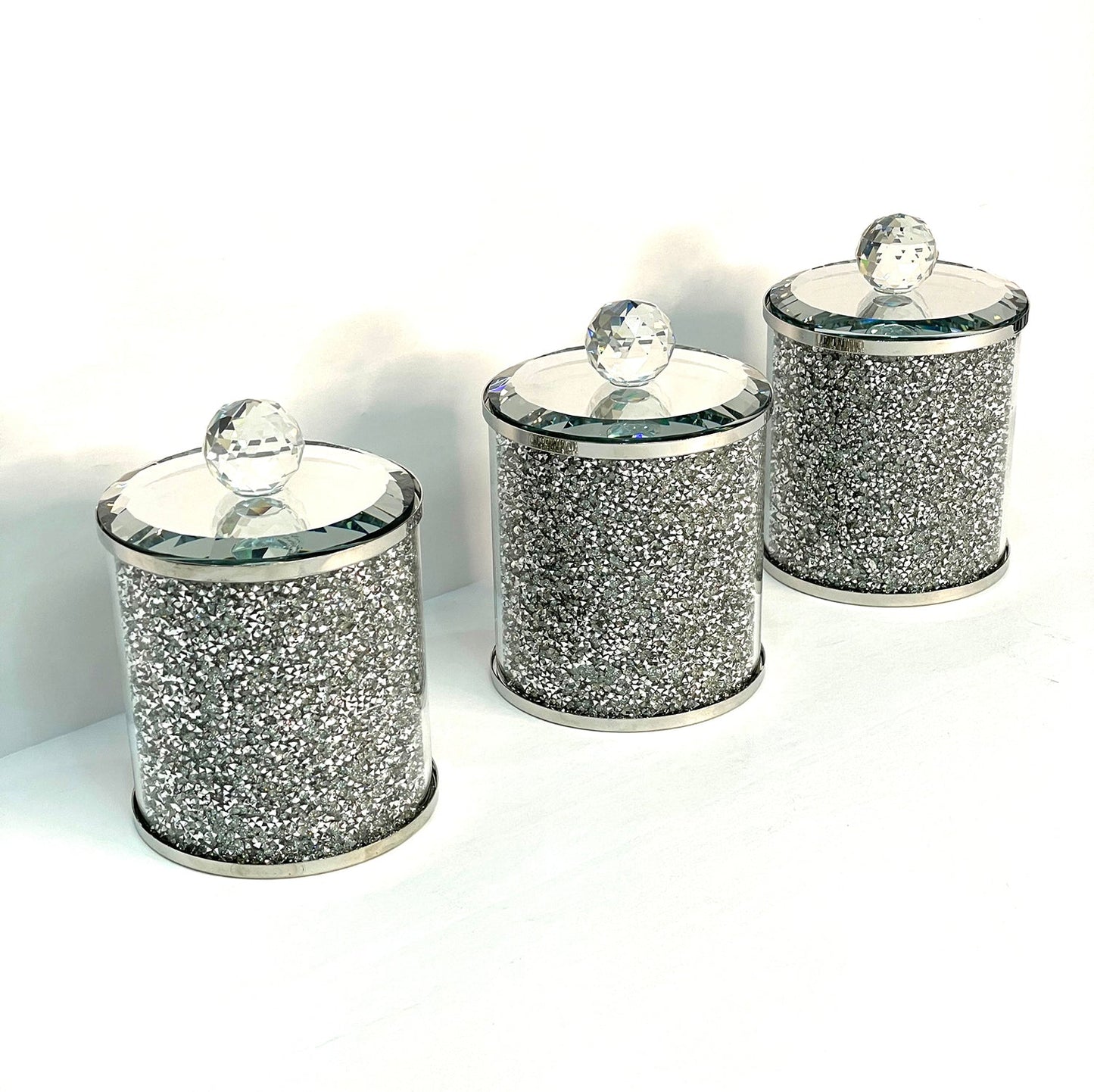 Exquisite Three Glass Canister Set, Silver Crushed Diamond Glass