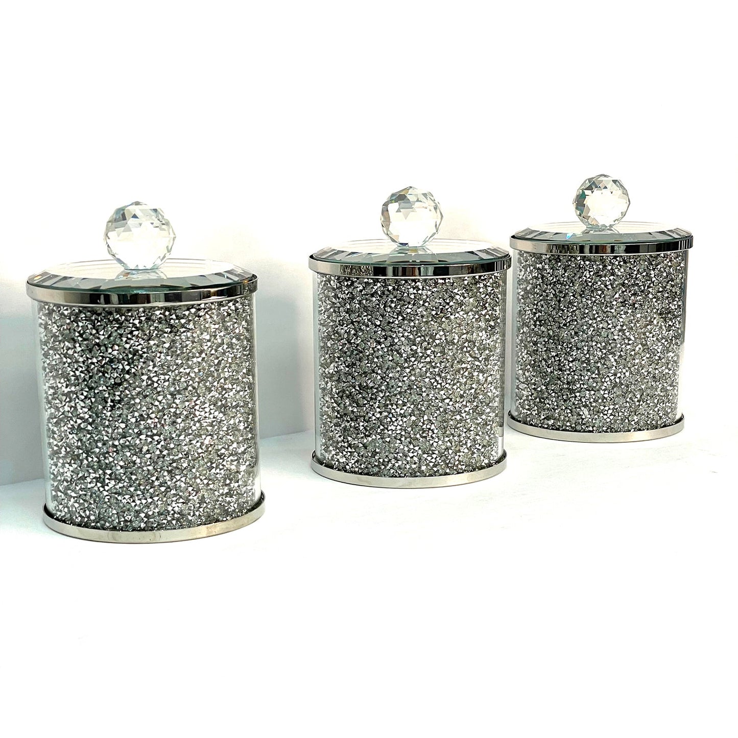 Exquisite Three Glass Canister Set, Silver Crushed Diamond Glass