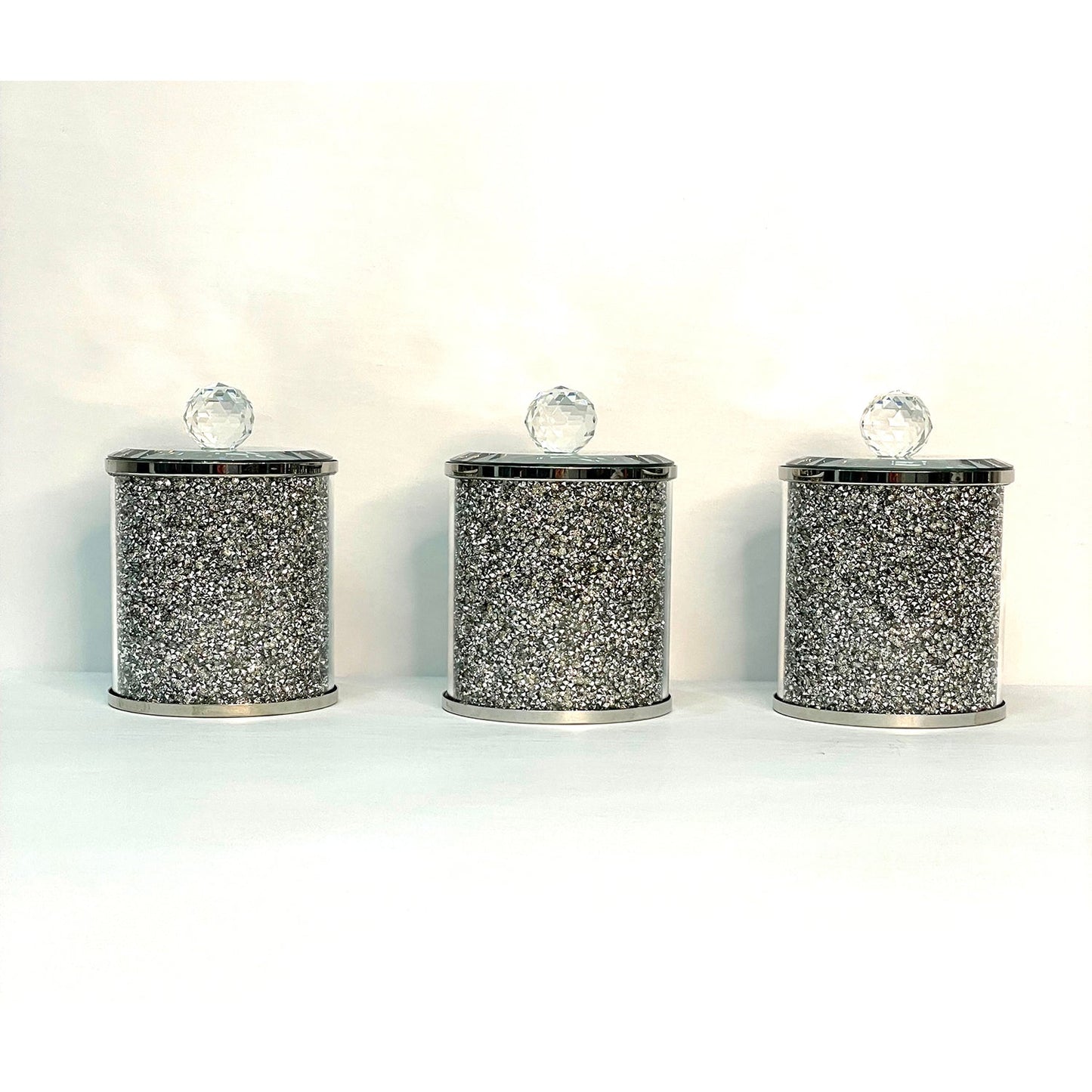 Exquisite Three Glass Canister Set, Silver Crushed Diamond Glass
