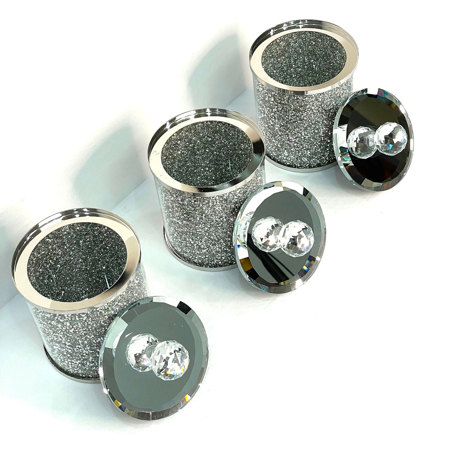 Exquisite Three Glass Canister Set, Silver Crushed Diamond Glass