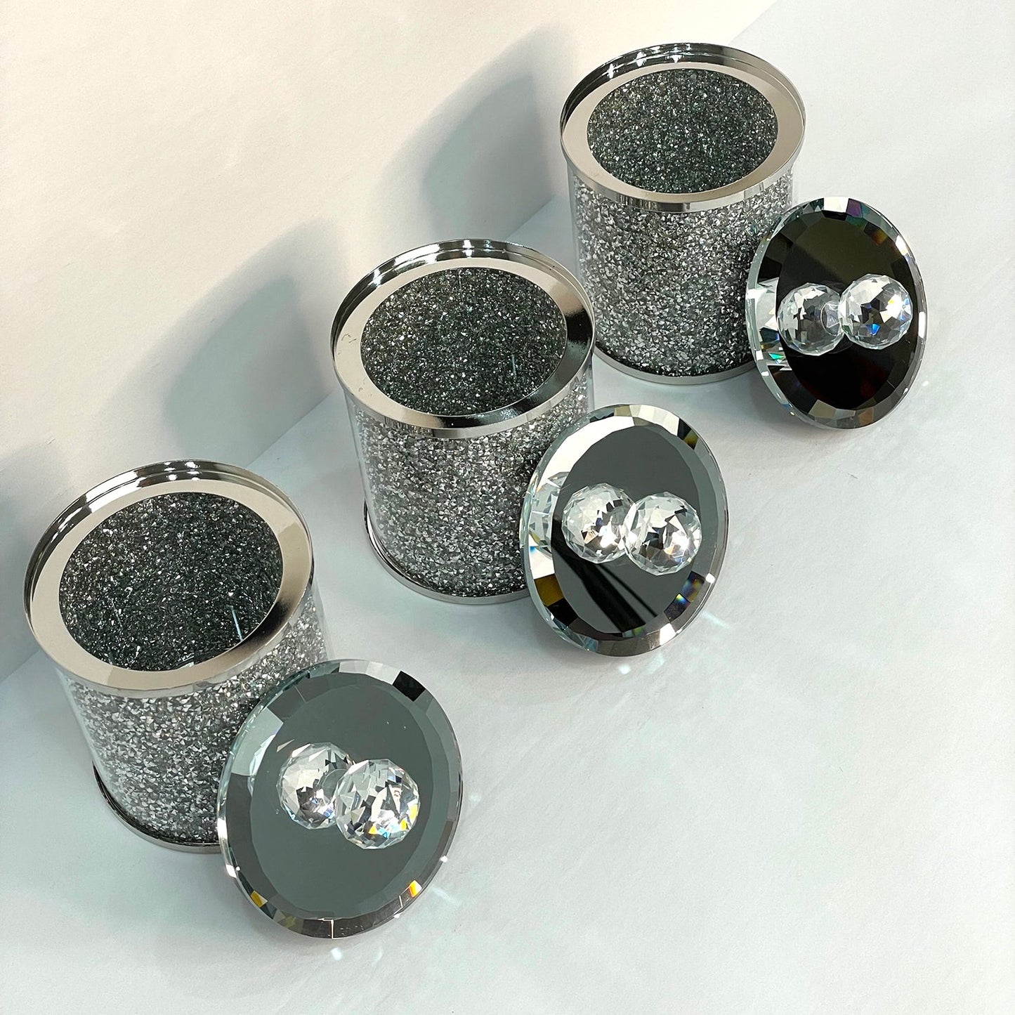 Exquisite Three Glass Canister Set, Silver Crushed Diamond Glass
